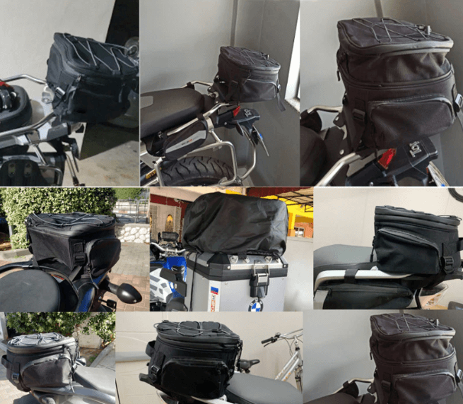 Versatile black water-resistant travel bag for motorcycles, featuring secure multi-compartment gear storage.
