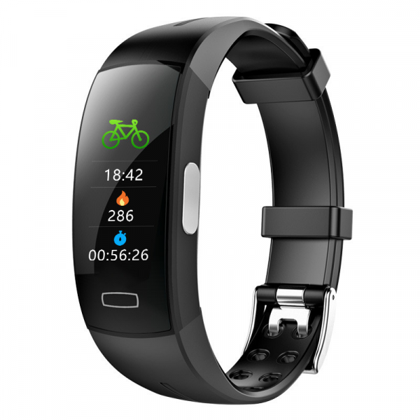 Unisex blood pressure smart watch with heart rate monitor, sleek design, and black band, displaying time and health metrics.