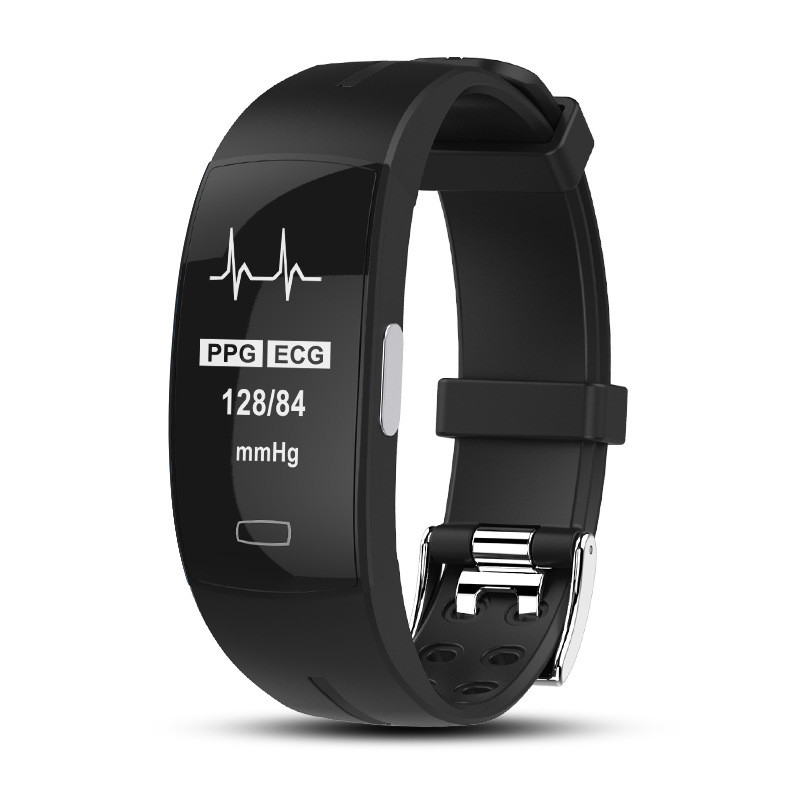 Unisex blood pressure smart watch with heart rate monitor, sleek design, and black band, displaying time and health metrics.