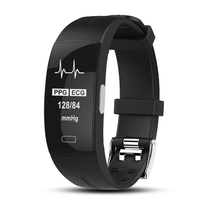 Unisex blood pressure smart watch with heart rate monitor, sleek design, and black band, displaying time and health metrics.