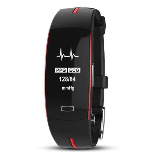 Unisex blood pressure smart watch with heart rate monitor, sleek design, and black band, displaying time and health metrics.