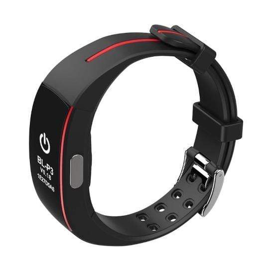 Unisex blood pressure smart watch with heart rate monitor, sleek design, and black band, displaying time and health metrics.