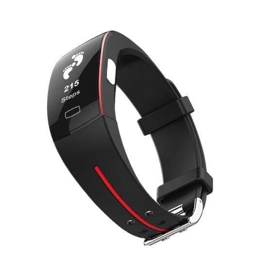 Unisex blood pressure smart watch with heart rate monitor, sleek design, and black band, displaying time and health metrics.