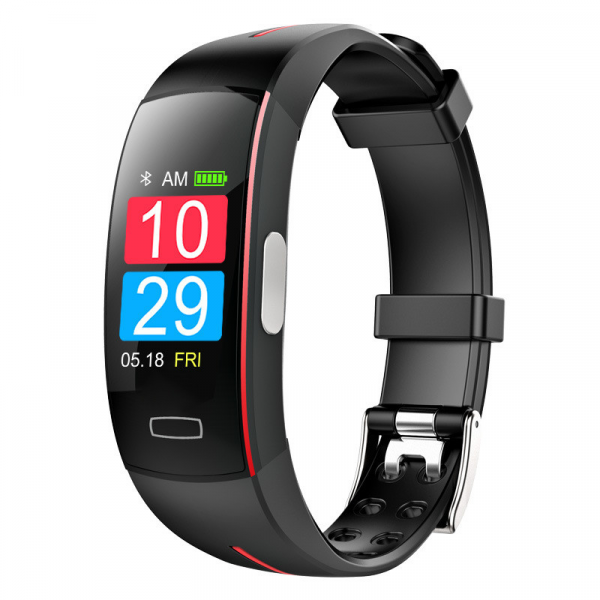 Unisex blood pressure smart watch with heart rate monitor, sleek design, and black band, displaying time and health metrics.