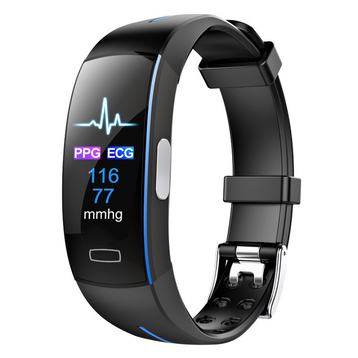 Unisex blood pressure smart watch with heart rate monitor, sleek design, and black band, displaying time and health metrics.