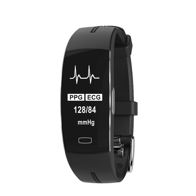 Unisex blood pressure smart watch with heart rate monitor, sleek design, and black band, displaying time and health metrics.