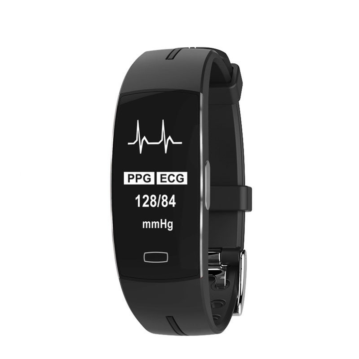 Unisex blood pressure smart watch with heart rate monitor, sleek design, and black band, displaying time and health metrics.