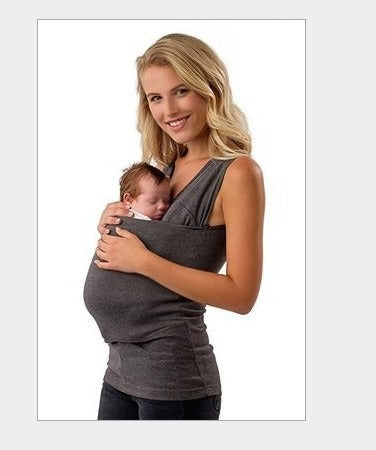 Unisex CarryEase baby sling t-shirt in grey, providing hands-free comfort for new parents and ergonomic babywearing.