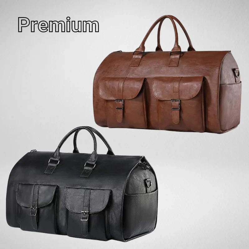 Portable compact travel wardrobe luggage with internal compartments for organized clothing.