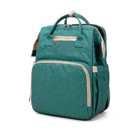Unisex convertible baby nappy backpack with integrated foldable bassinet for travel, full view.