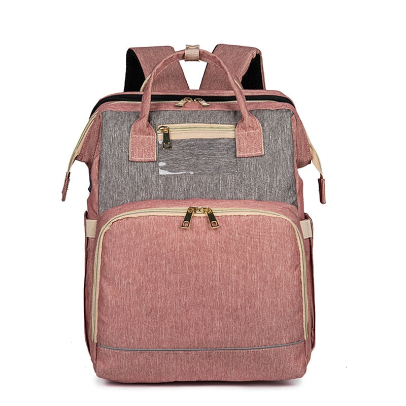 Stylish baby travel backpack with foldable bassinet, showcasing its versatility and premium design.