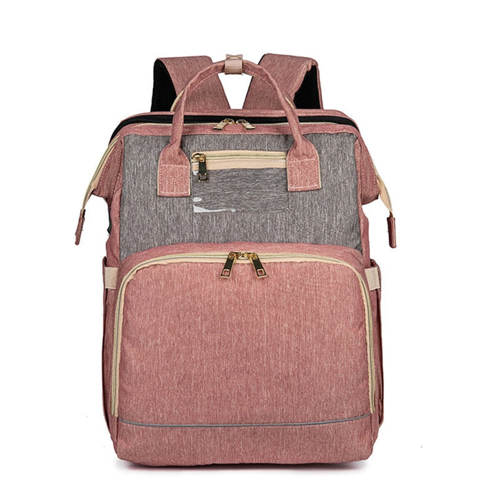 Stylish baby travel backpack with foldable bassinet, showcasing its versatility and premium design.