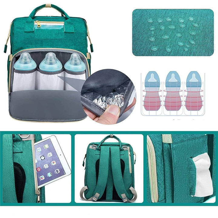 Parent wearing a stylish unisex nappy backpack, showcasing its comfortable design and travel readiness.