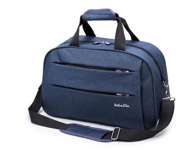 Black unisex convertible carry-on travel bag. Perfect for business trips or weekend getaways, water-resistant.