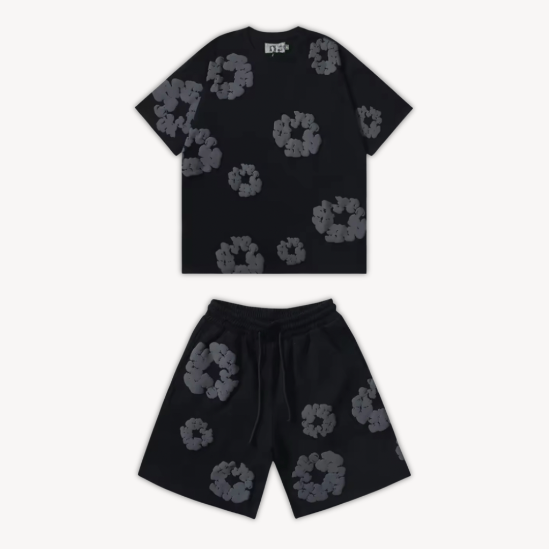 Unisex cotton floral tee and shorts set, bold floral print, soft fabric, casual wear, versatile unisex design, relaxed fit.