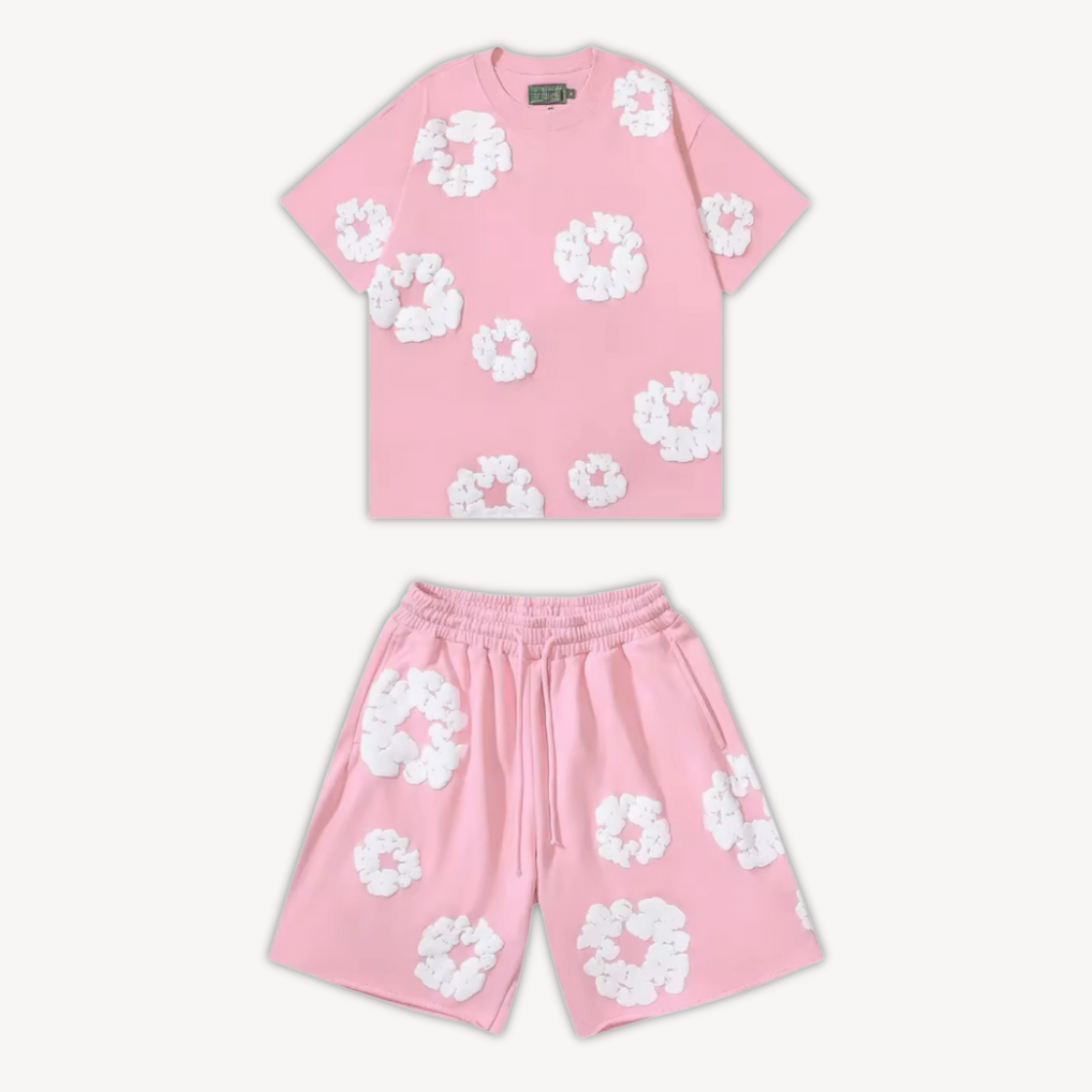 Unisex cotton wreath summer set with black base and white floral print; T-shirt and shorts ensemble for stylish comfort.