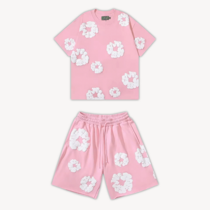 Unisex cotton wreath summer set with black base and white floral print; T-shirt and shorts ensemble for stylish comfort.