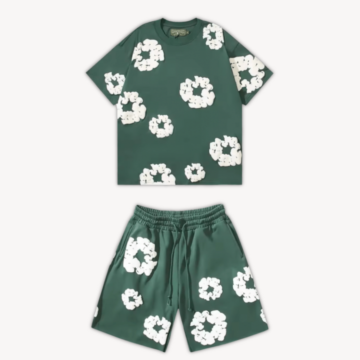Unisex cotton wreath summer set with black base and white floral print; T-shirt and shorts ensemble for stylish comfort.