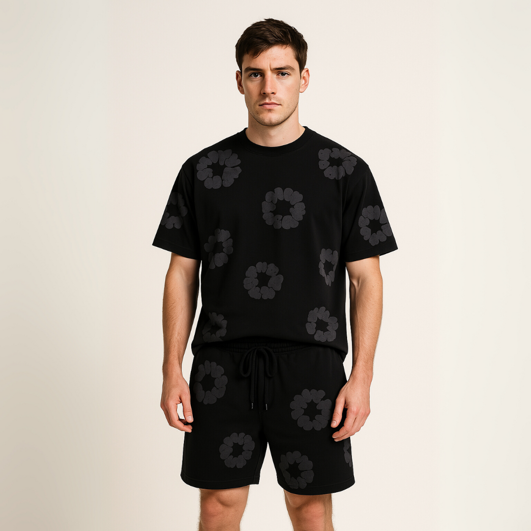 Unisex cotton wreath summer set with black base and white floral print; T-shirt and shorts ensemble for stylish comfort.