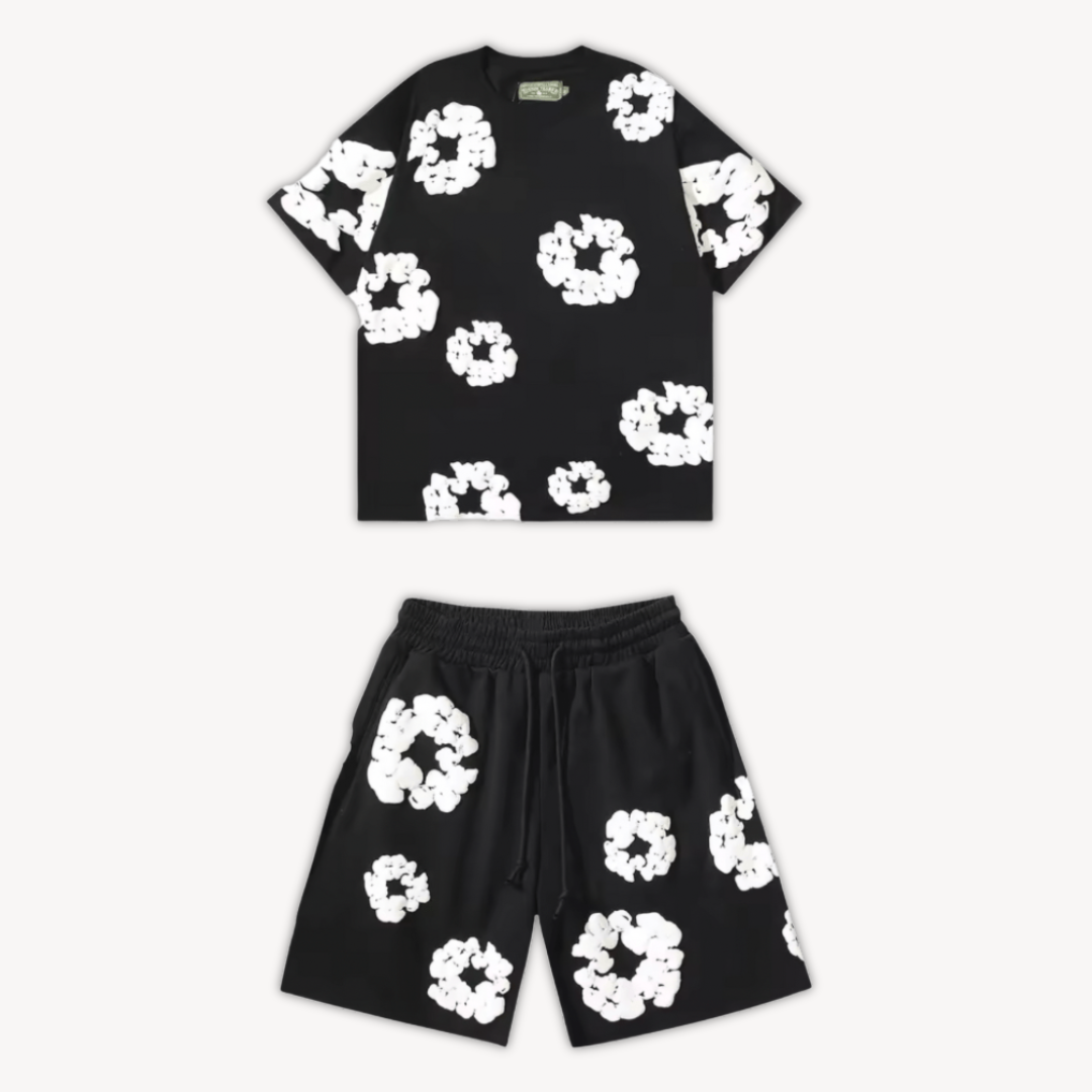 Unisex cotton wreath summer set with black base and white floral print; T-shirt and shorts ensemble for stylish comfort.