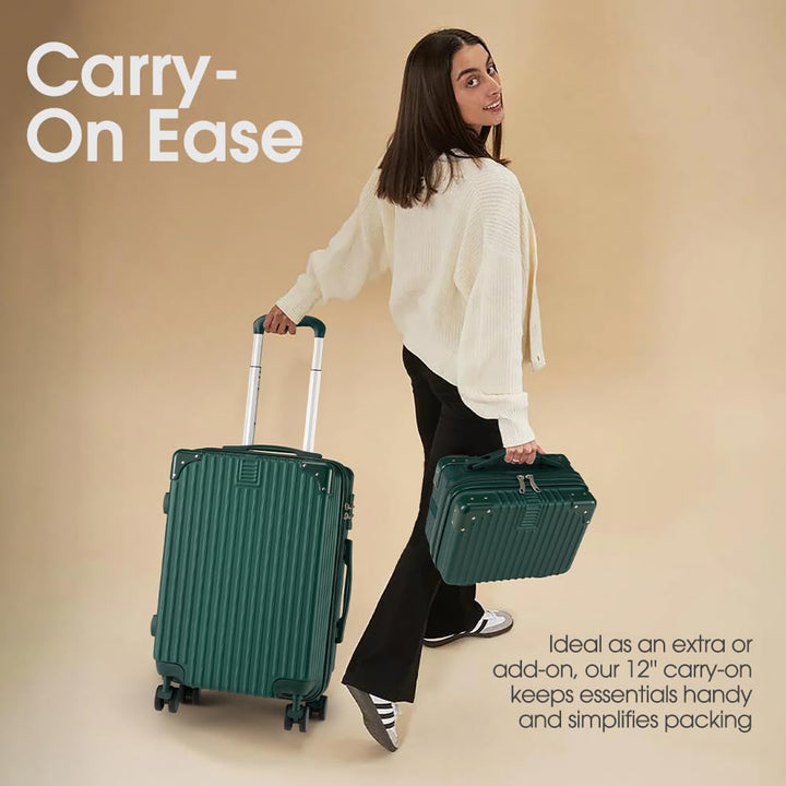 Modern unisex travel gear: hard shell suitcase, easy-glide spinner wheels, integrated TSA approved lock.