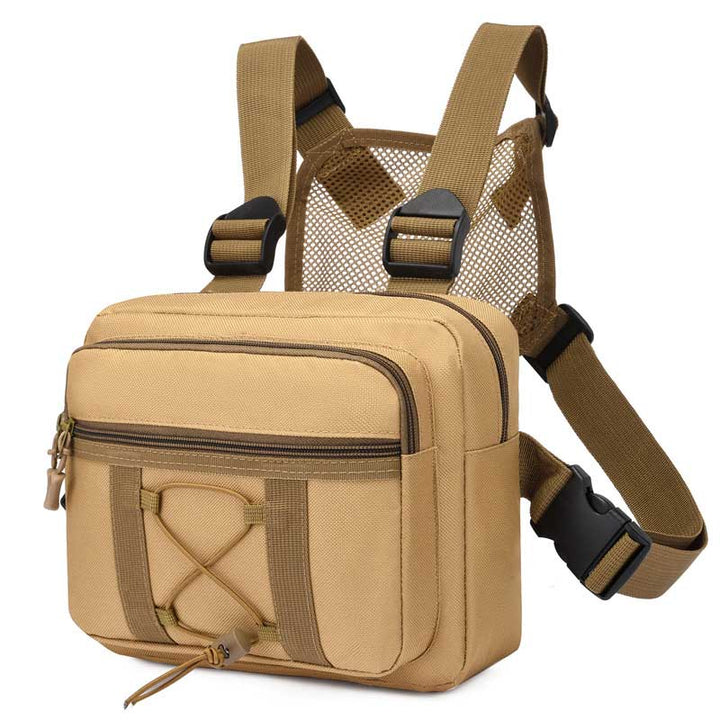 Black water-resistant tactical chest rig for outdoor gear. Multi-pocket design, perfect for camping.