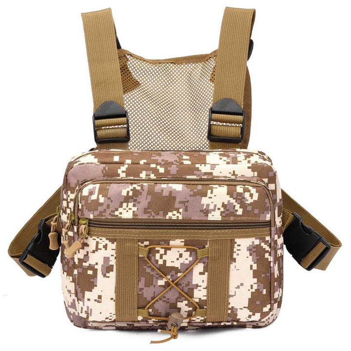 Hands-free outdoor chest rig bag. Durable, water-resistant, ideal for hiking, travel, and everyday.