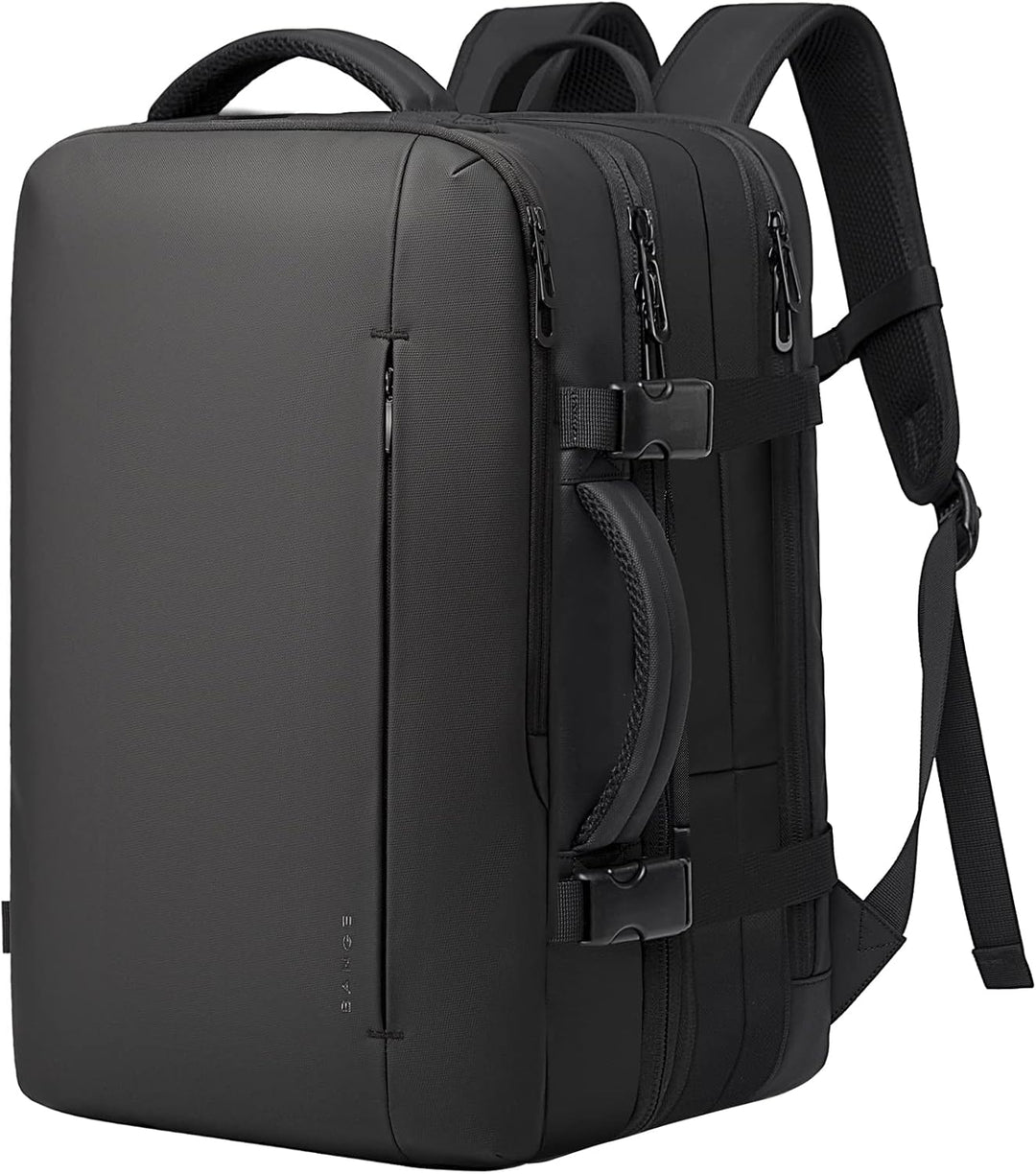 Front view: Expandable 26-45L travel backpack. Waterproof, with laptop sleeve for daily commute.