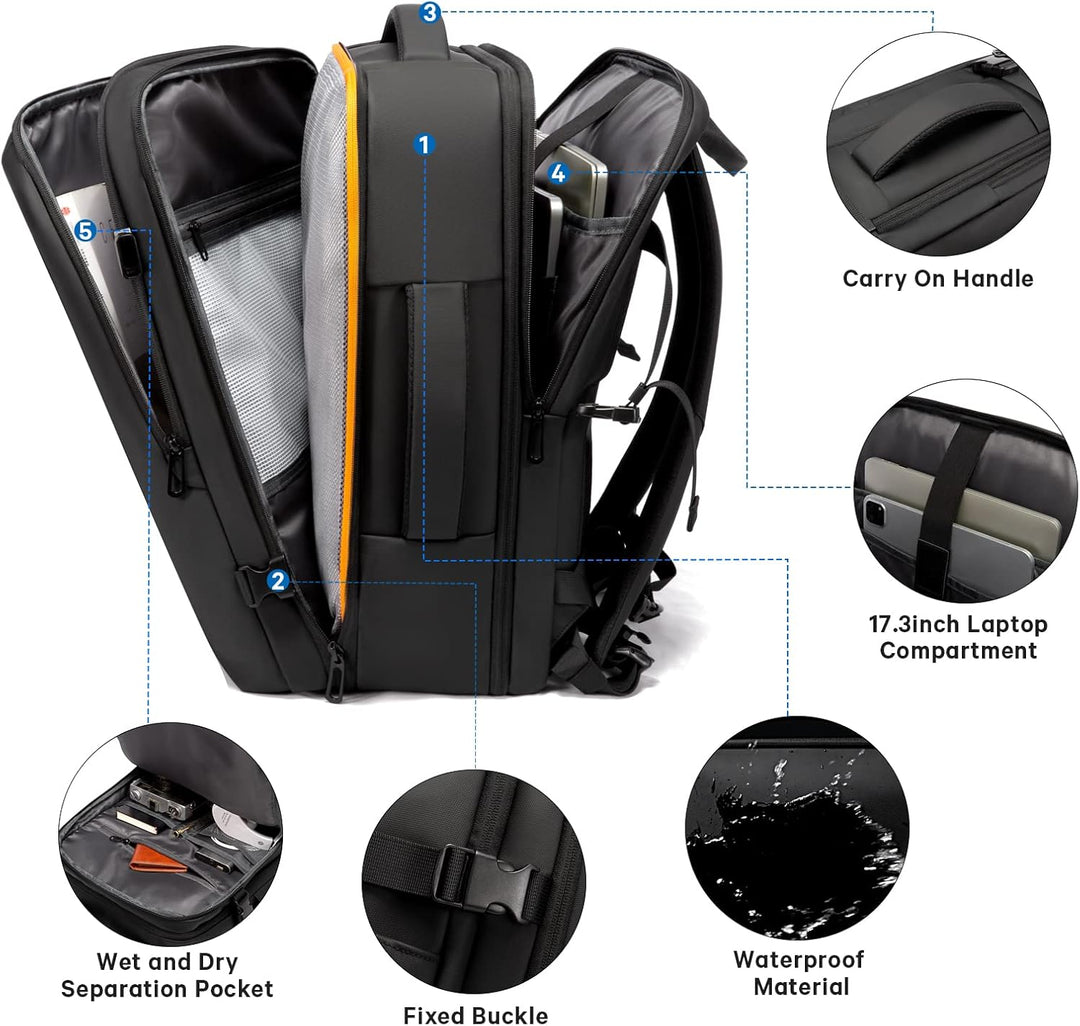 Side view: Versatile 26-45L expandable backpack showing duffle carry handle. Waterproof & anti-theft.