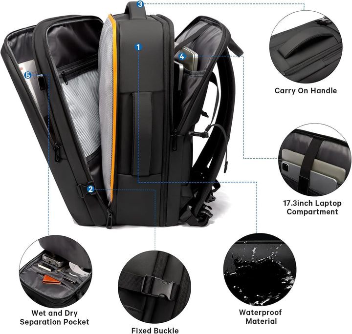 Side view: Versatile 26-45L expandable backpack showing duffle carry handle. Waterproof & anti-theft.