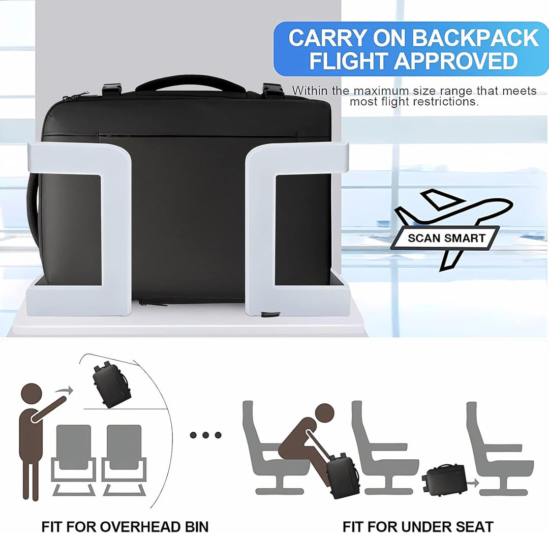 Interior view of 26-45L expandable travel backpack with padded laptop sleeve & multiple pockets.