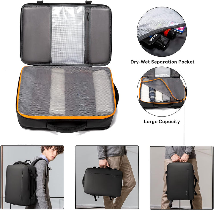 Person wearing unisex 26-45L expandable travel backpack. Waterproof, perfect for airport travel.
