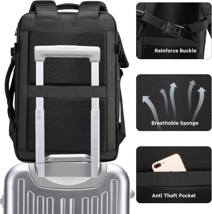 Anti-theft 26-45L expandable travel backpack, waterproof with hidden pockets & laptop sleeve.