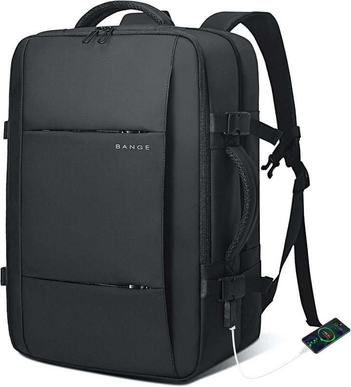 Expandable 26-45L travel backpack, carry-on size, waterproof with laptop sleeve for modern travelers.