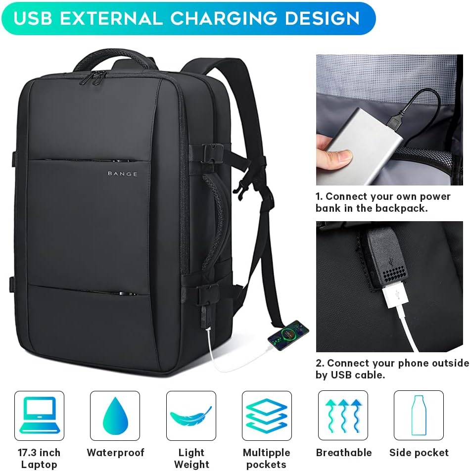 Weekend travel essential: 26-45L expandable backpack, waterproof, duffle carry, laptop sleeve.