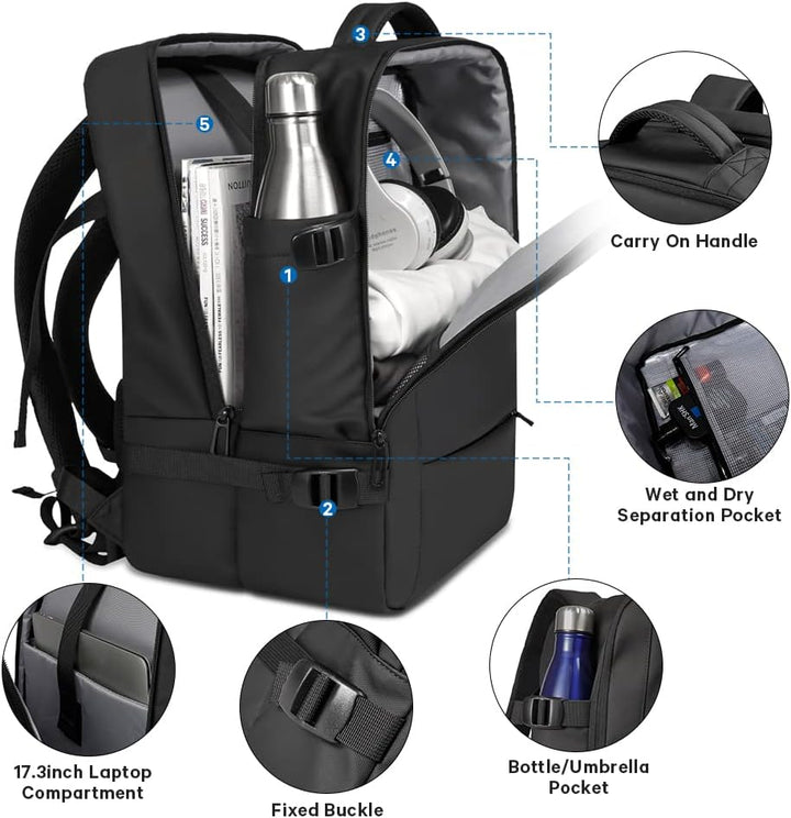 Business trip ready: 26-45L expandable backpack with laptop sleeve, waterproof & organized interior.