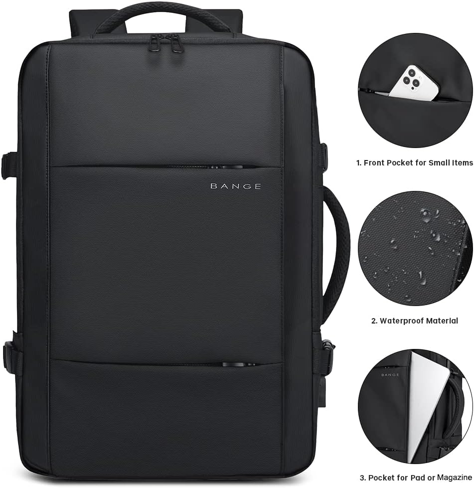 Adventure-ready 26-45L expandable travel backpack, waterproof, with secure laptop compartment.