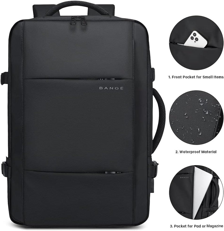 Adventure-ready 26-45L expandable travel backpack, waterproof, with secure laptop compartment.
