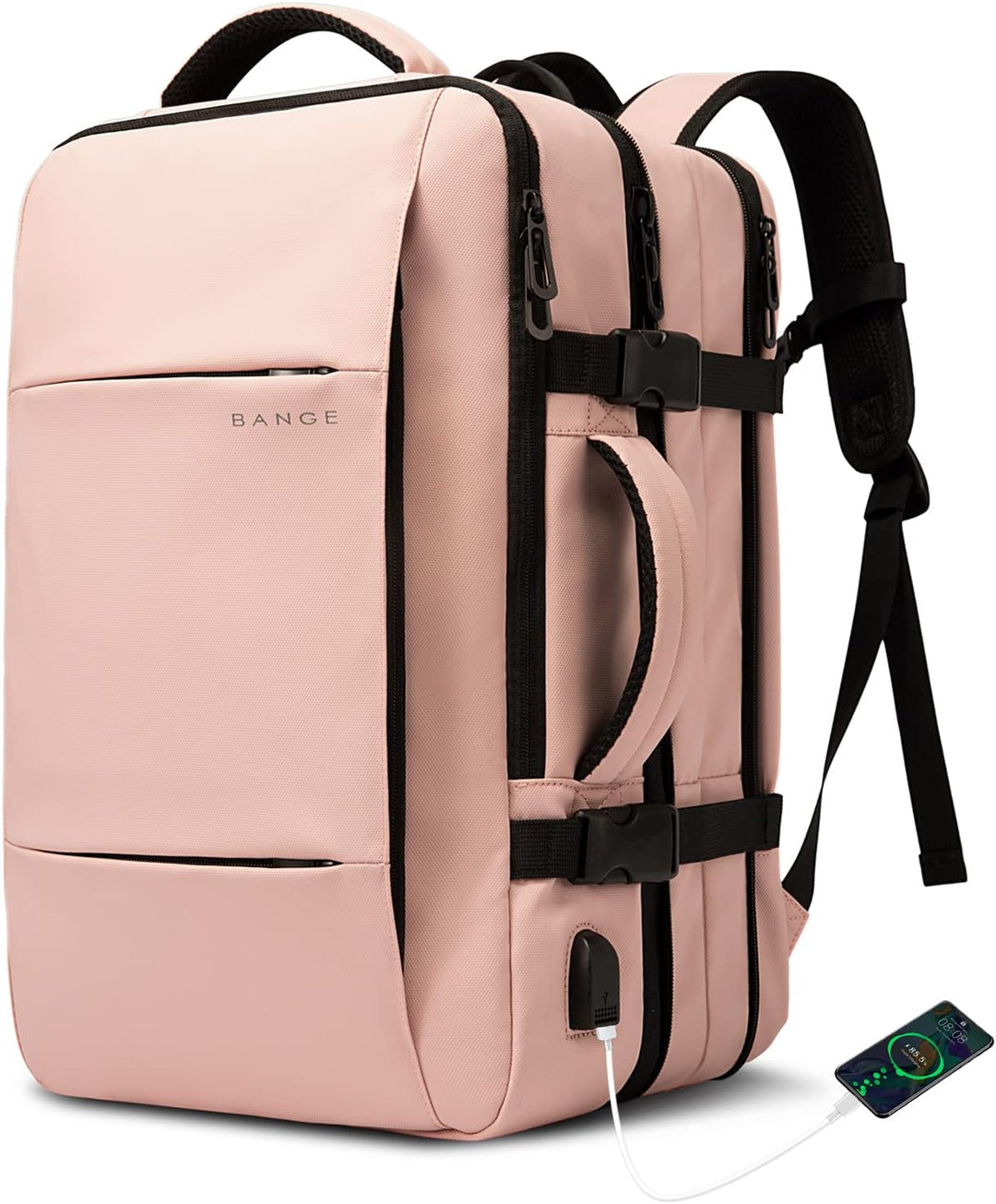 Multiple compartments in 26-45L expandable travel backpack. Waterproof, organized, laptop sleeve.