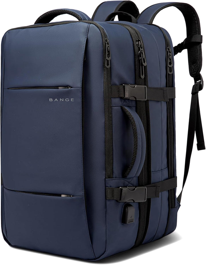 Sleek black 26-45L expandable travel backpack, waterproof, with easy-access laptop sleeve.