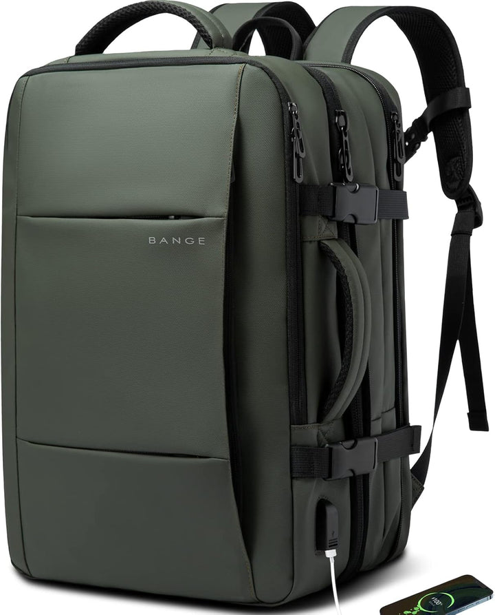 Versatile travel backpack, 26-45L expandable with laptop sleeve, duffle carry, anti-theft features.