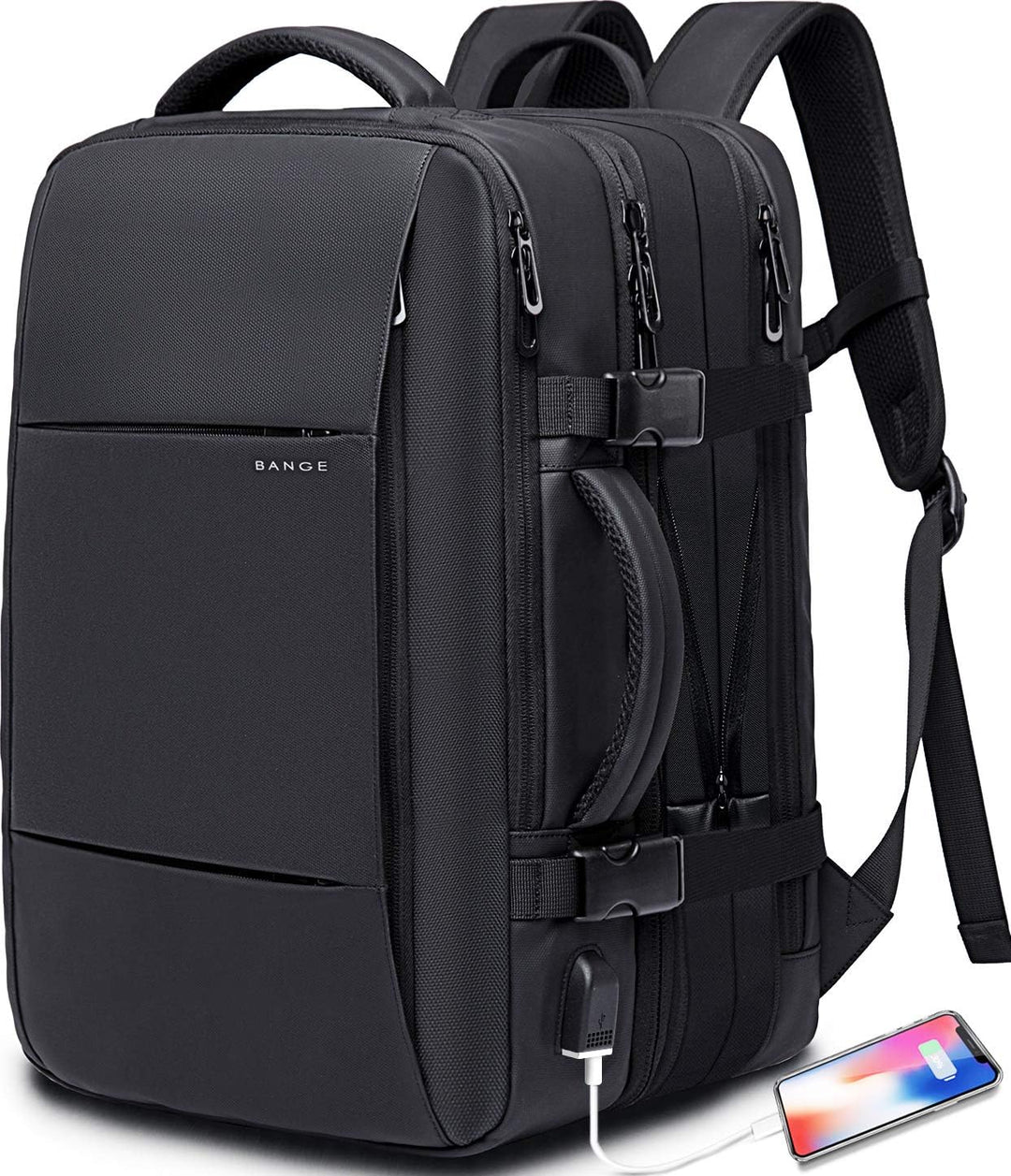 Lightweight 26-45L expandable travel backpack, waterproof, carry-on with laptop sleeve.