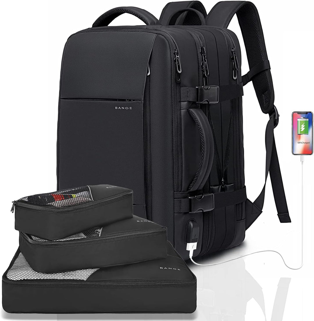 Unisex 26-45L expandable travel backpack, waterproof for all journeys, with secure laptop sleeve.