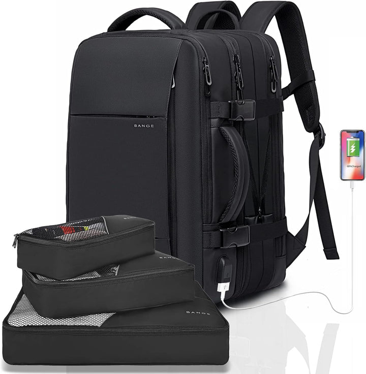 Unisex 26-45L expandable travel backpack, waterproof for all journeys, with secure laptop sleeve.