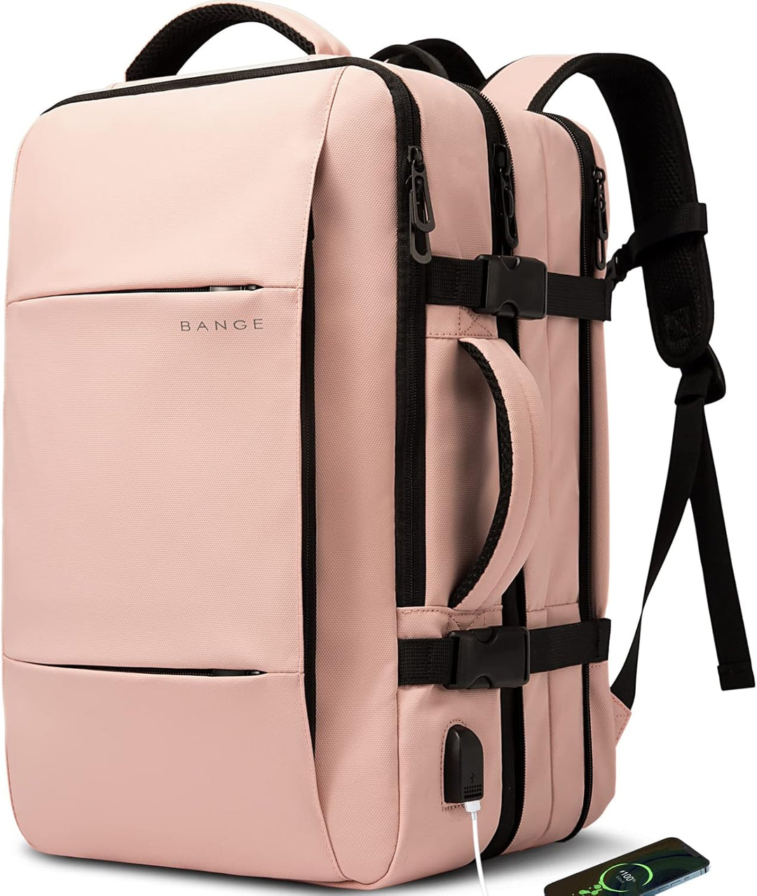 Adjustable straps on 26-45L expandable travel backpack. Waterproof, anti-theft, laptop sleeve.