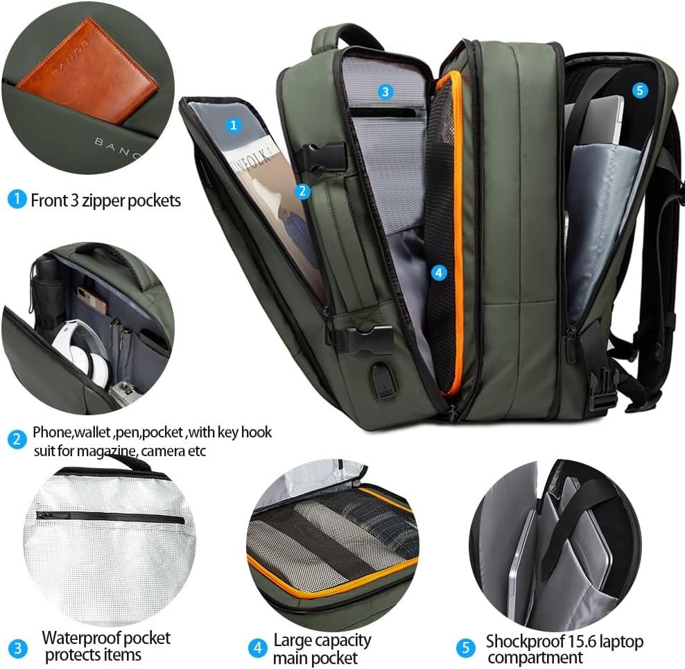 Waterproof 26-45L expandable backpack for organized travel. Features laptop sleeve & duffle option.