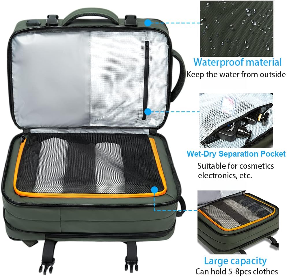 Carry-on friendly 26-45L expandable travel backpack, anti-theft design, laptop sleeve for security.