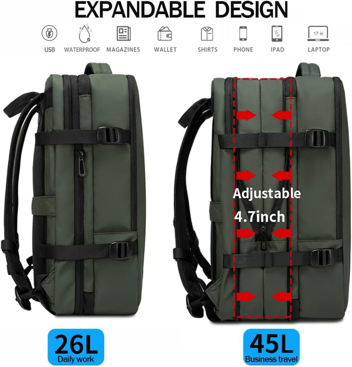 Adventure gear: 26-45L expandable travel backpack, waterproof, with dedicated laptop sleeve.