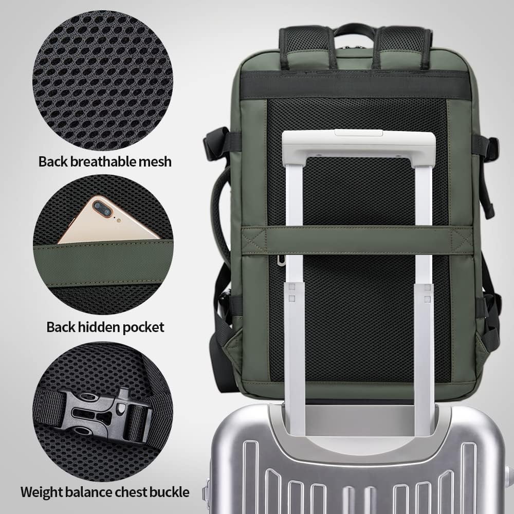 Durable 26-45L expandable travel backpack with laptop sleeve. Waterproof material for all weather.