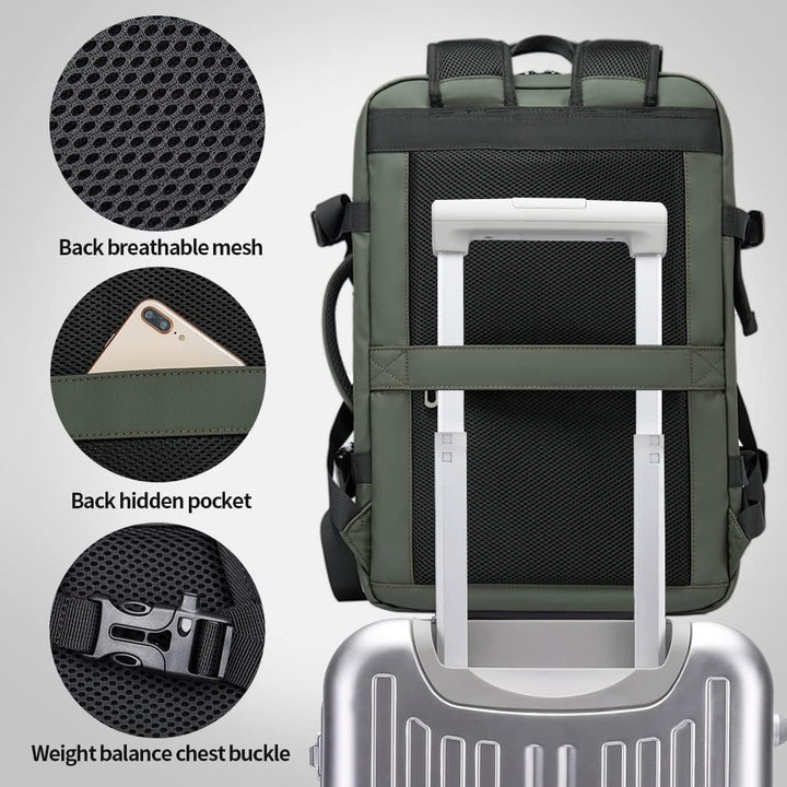 Durable 26-45L expandable travel backpack with laptop sleeve. Waterproof material for all weather.